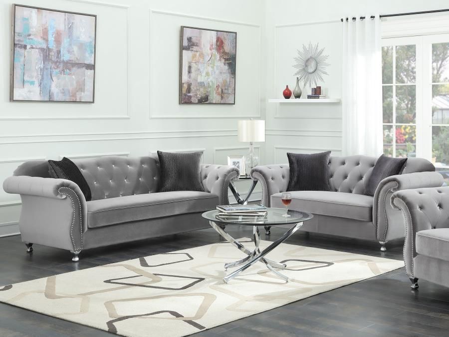 Frostine - Upholstered Tufted Living Room Set - Silver