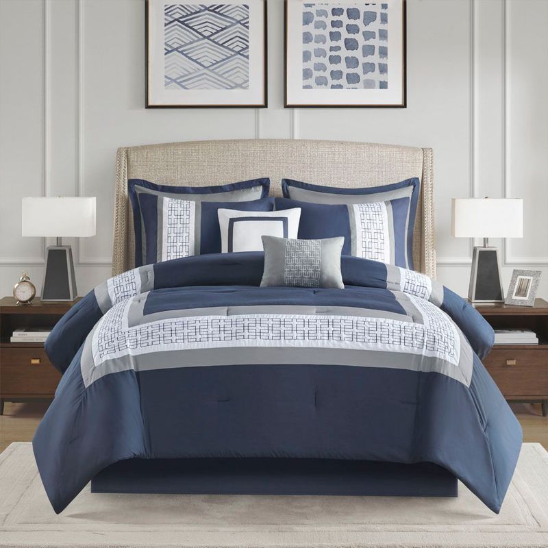 Powell - Queen Embroidered Comforter (Set of 8) - Navy