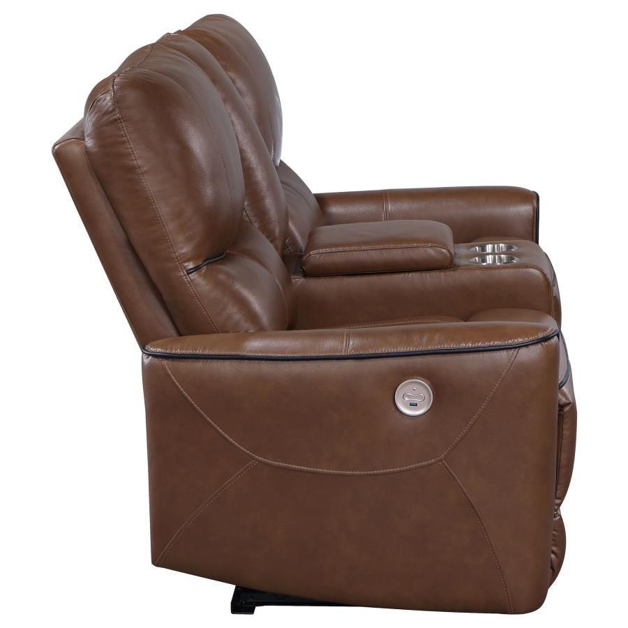 Greenfield - Upholstered Power Reclining Loveseat With Console - Saddle Brown