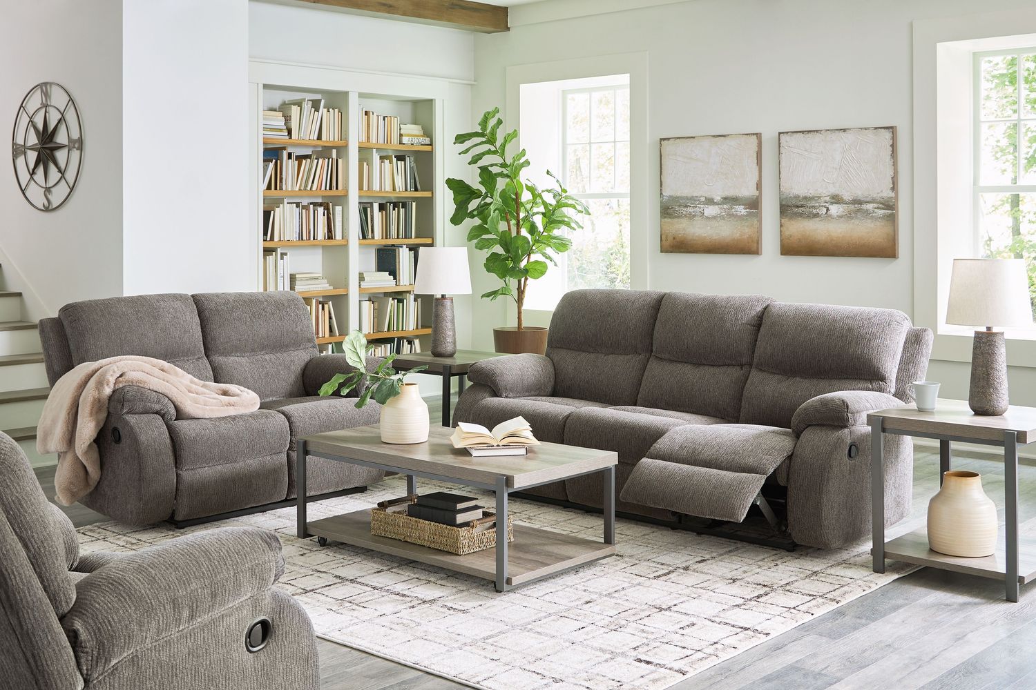 Scranto - Brindle - 3 Pc. - Reclining Sofa, Reclining Loveseat, Rocker Recliner