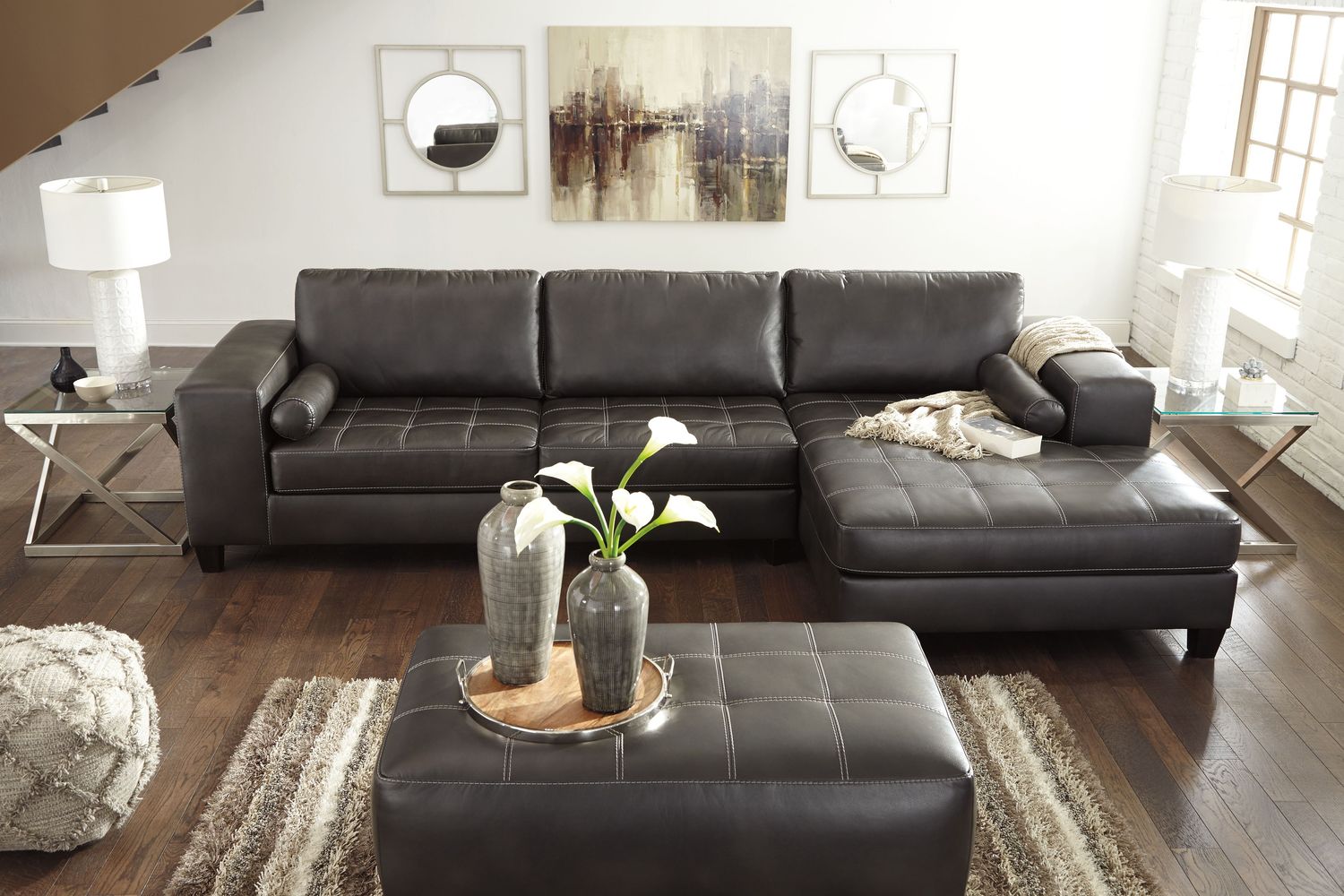 Nokomis - Charcoal - 3 Pc. - Right Arm Facing Corner Chaise 2 Pc Sectional, Ottoman