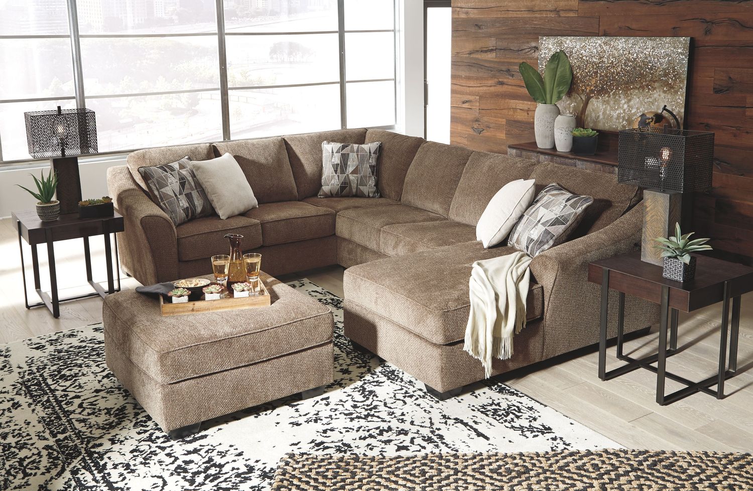 Graftin - Teak - 4 Pc. - Right Arm Facing Corner Chaise 3 Pc Sectional, Ottoman