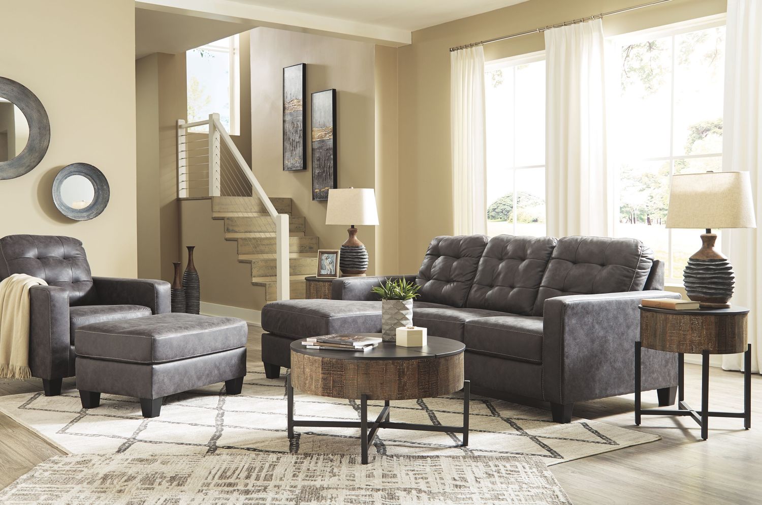 Venaldi - Gunmetal - 3 Pc. - Sofa Chaise, Chair, Ottoman