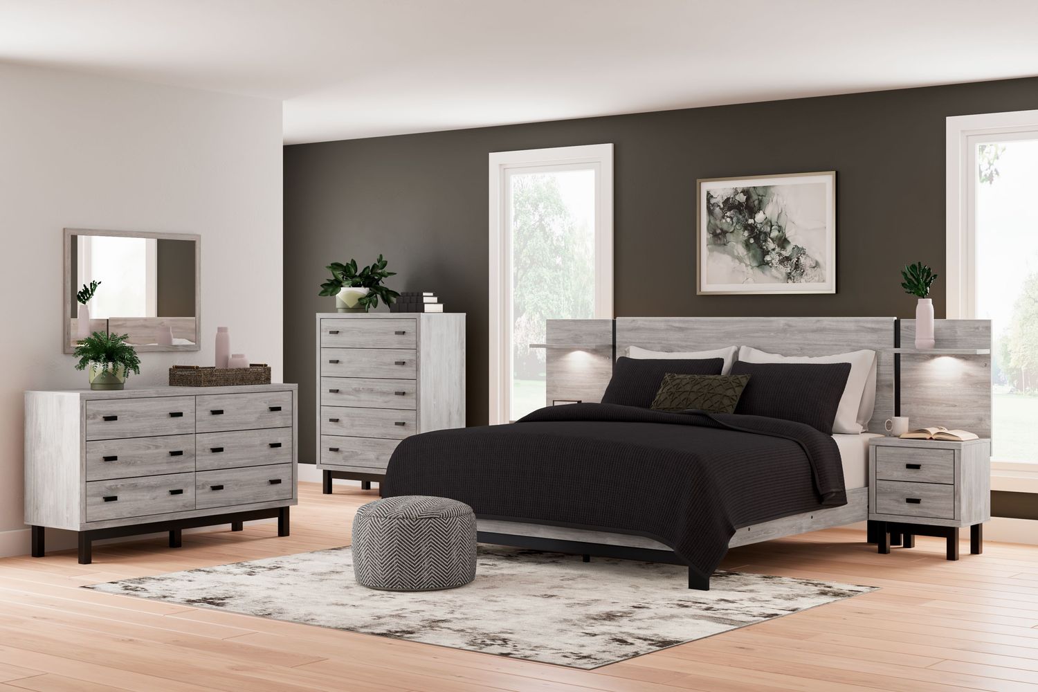 Vessalli - Gray - 9 Pc. - Dresser, Mirror, Chest, King Panel Bed With Extensions, 2 Nightstands