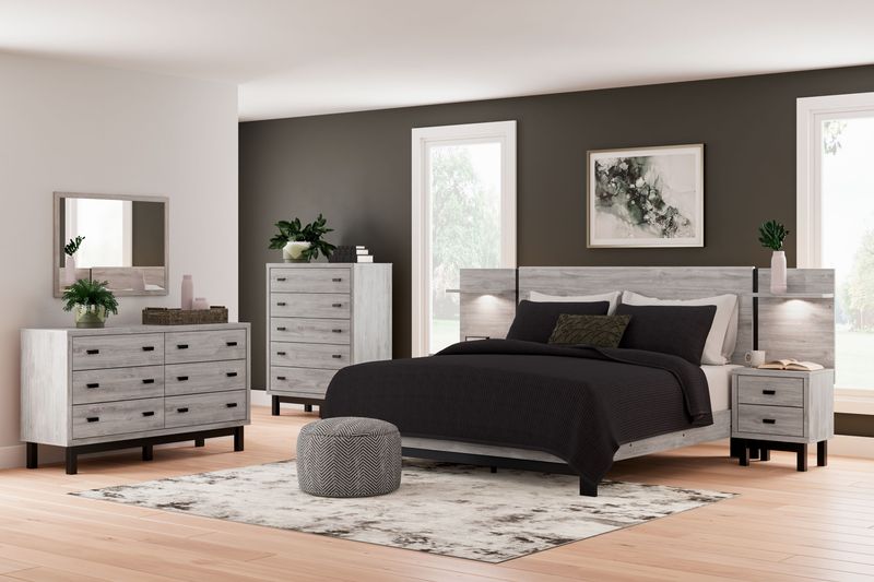 Vessalli - Gray - 9 Pc. - Dresser, Mirror, Chest, King Panel Bed With Extensions, 2 Nightstands