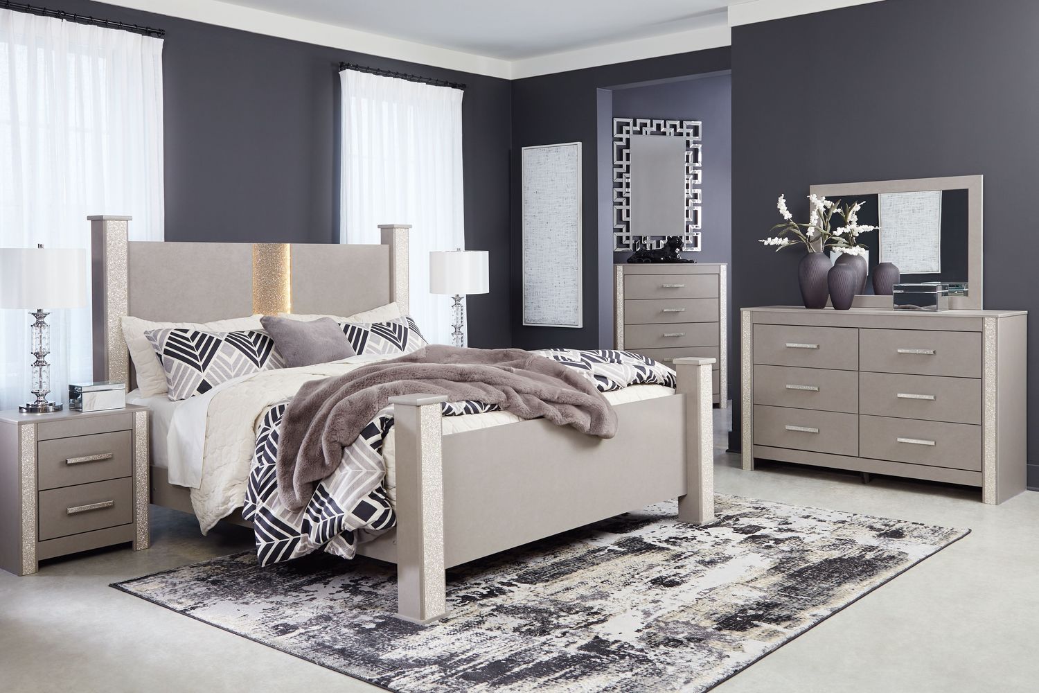Surancha - Gray - 6 Pc. - Dresser, Mirror, Queen Poster Bed