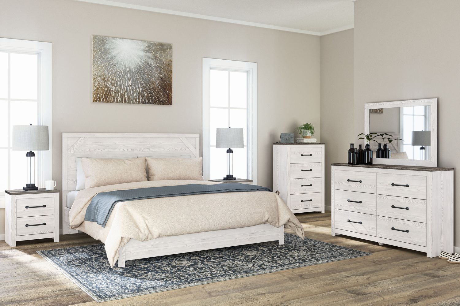 Gerridan - White / Gray - 4 Pc. - Dresser, Mirror, King Panel Bed