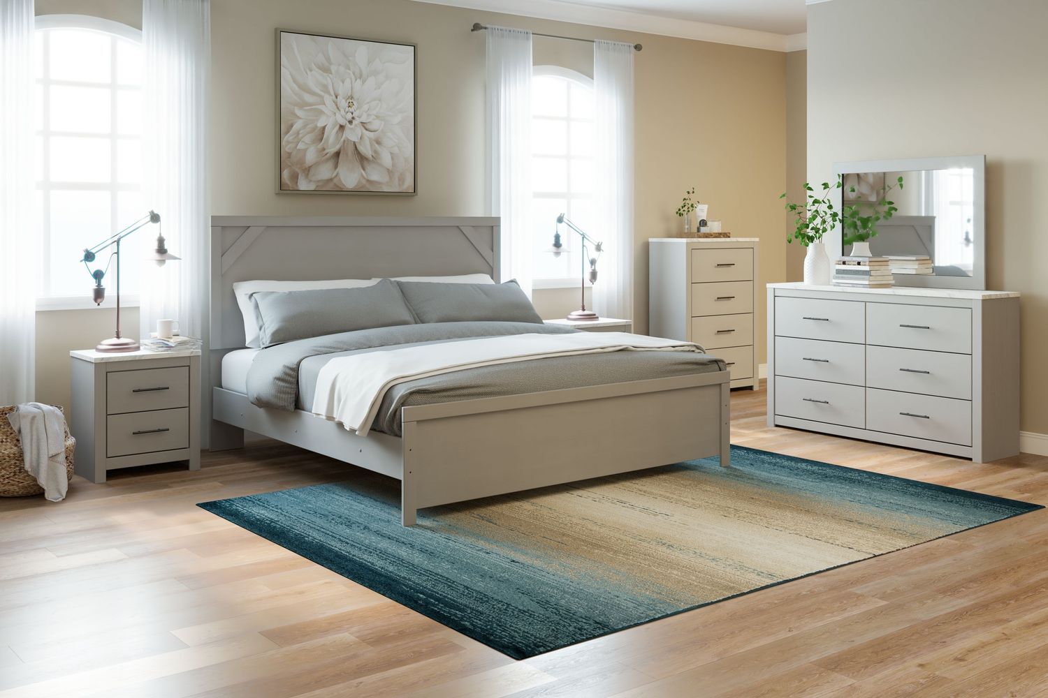 Cottenburg - Light Gray / White - 5 Pc. - Dresser, Mirror, Chest, King Panel Bed