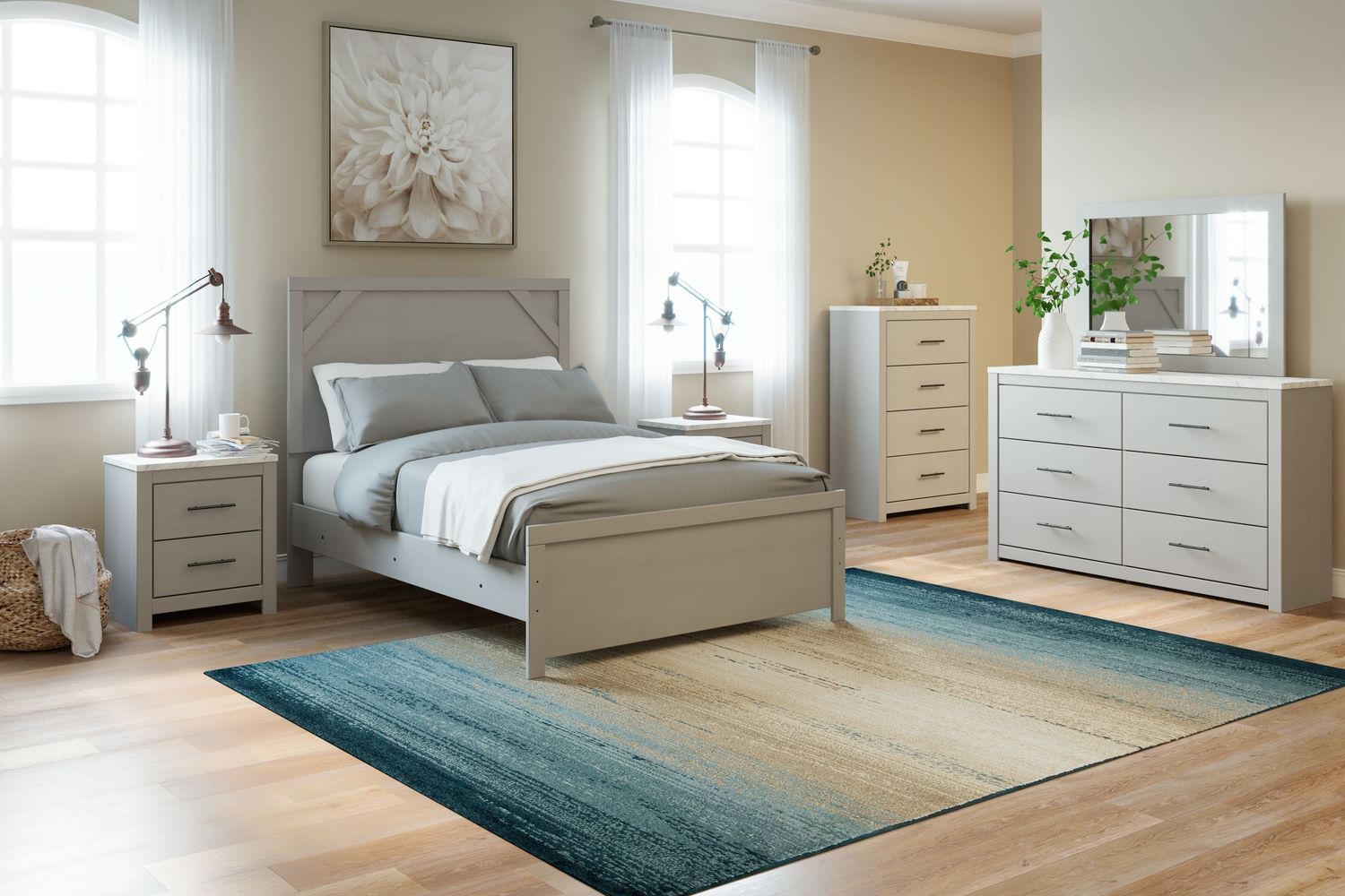 Cottenburg - Light Gray / White - 6 Pc. - Dresser, Mirror, Full Panel Bed, 2 Nightstands