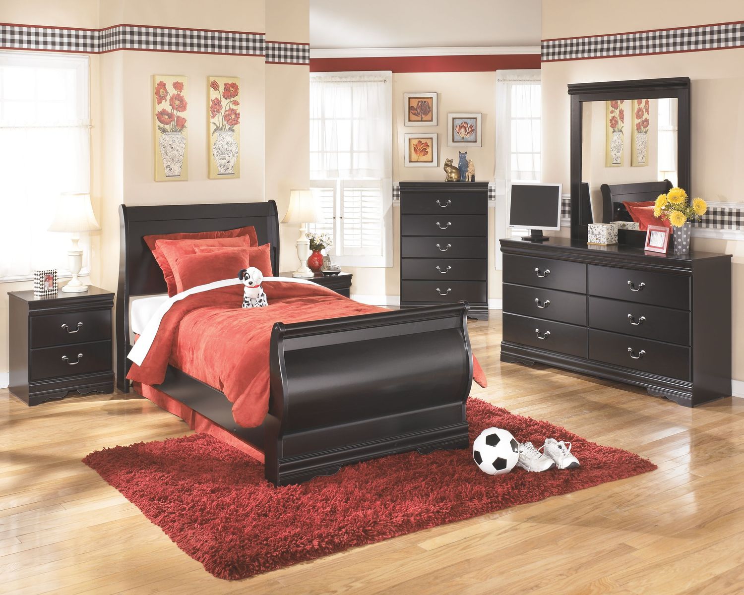 Huey Vineyard - Black - 8 Pc. - Dresser, Mirror, Chest, Twin Sleigh Bed, 2 Nightstands