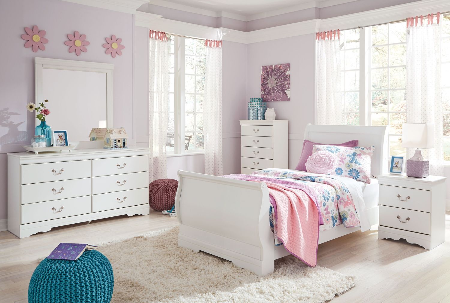 Anarasia - White - 7 Pc. - Dresser, Mirror, Chest, Twin Sleigh Bed, Nightstand