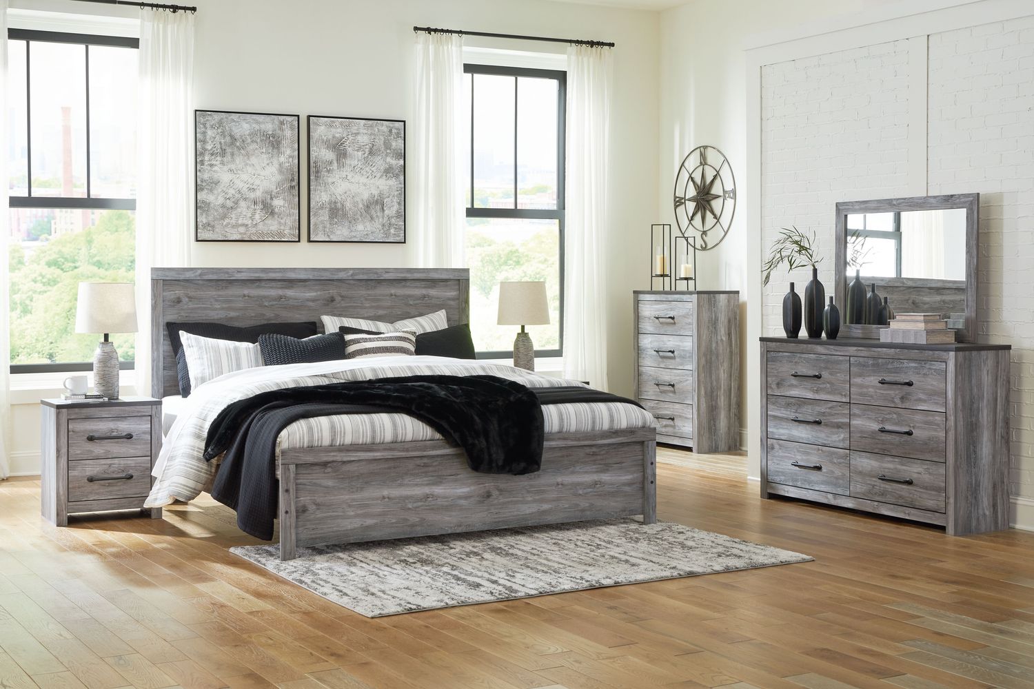 Bronyan - Dark Gray - King Panel Bed - 7 Pc. - Dresser, Mirror, Chest, King Bed, 2 Nightstands