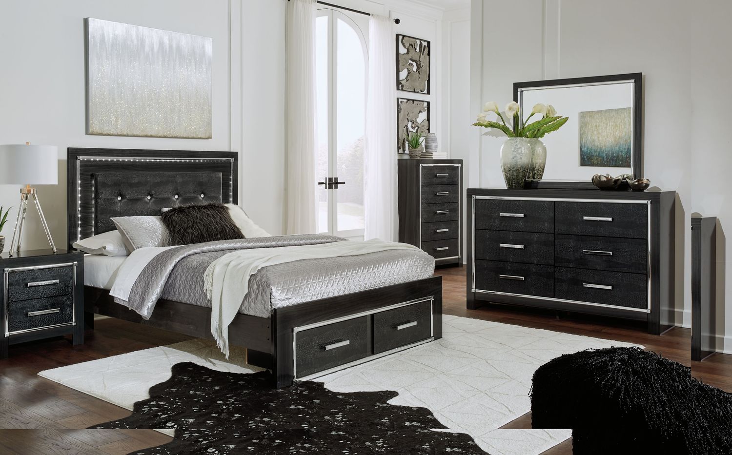 Kaydell - Black - 6 Pc. - Dresser, Mirror, Queen Upholstered Panel Bed With 2 Storage Drawers, Roll Slats