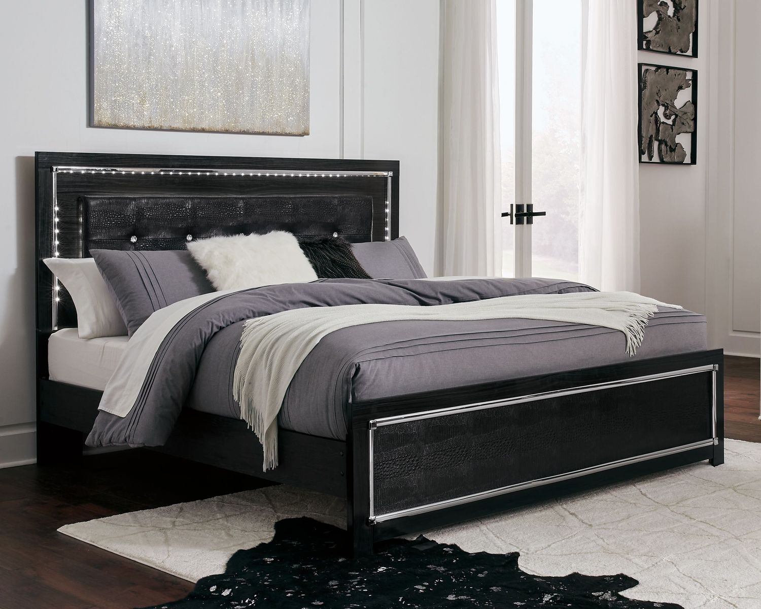 Kaydell - Black - King Upholstered Panel Bed, Roll Slats