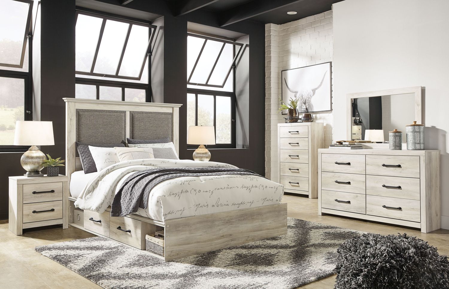 Cambeck - Whitewash - 9 Pc. - Dresser, Mirror, King Upholstered Panel Bed With 2 Side Under Bed Storage, 2 Nightstands