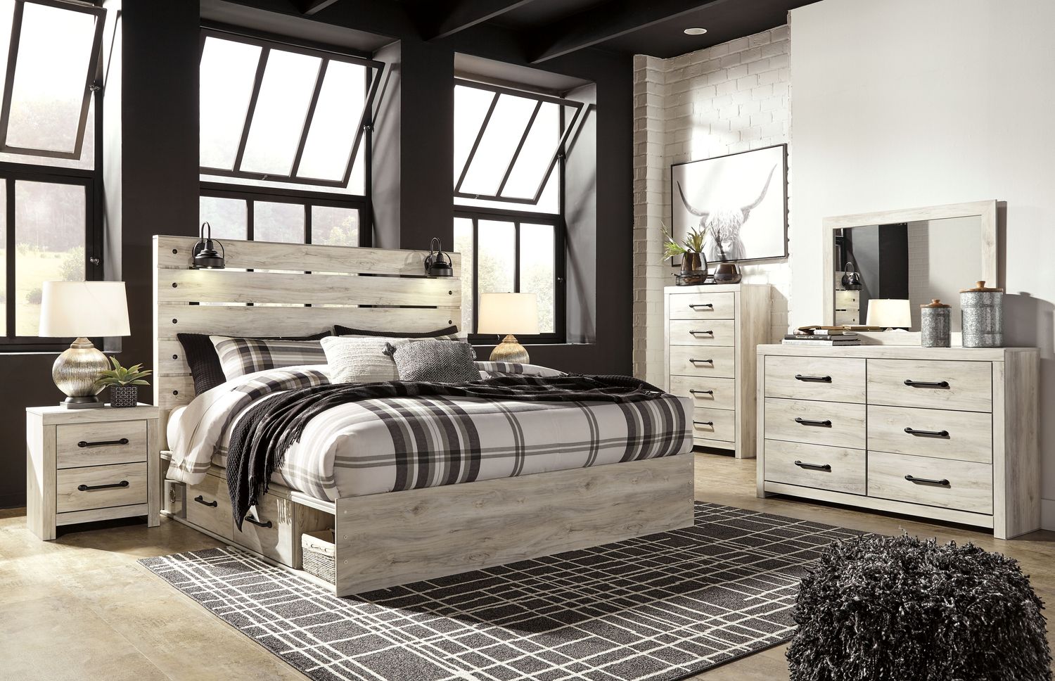 Cambeck - Whitewash - 8 Pc. - Dresser, Mirror, Chest, King Panel Bed With 4 Storage Drawers