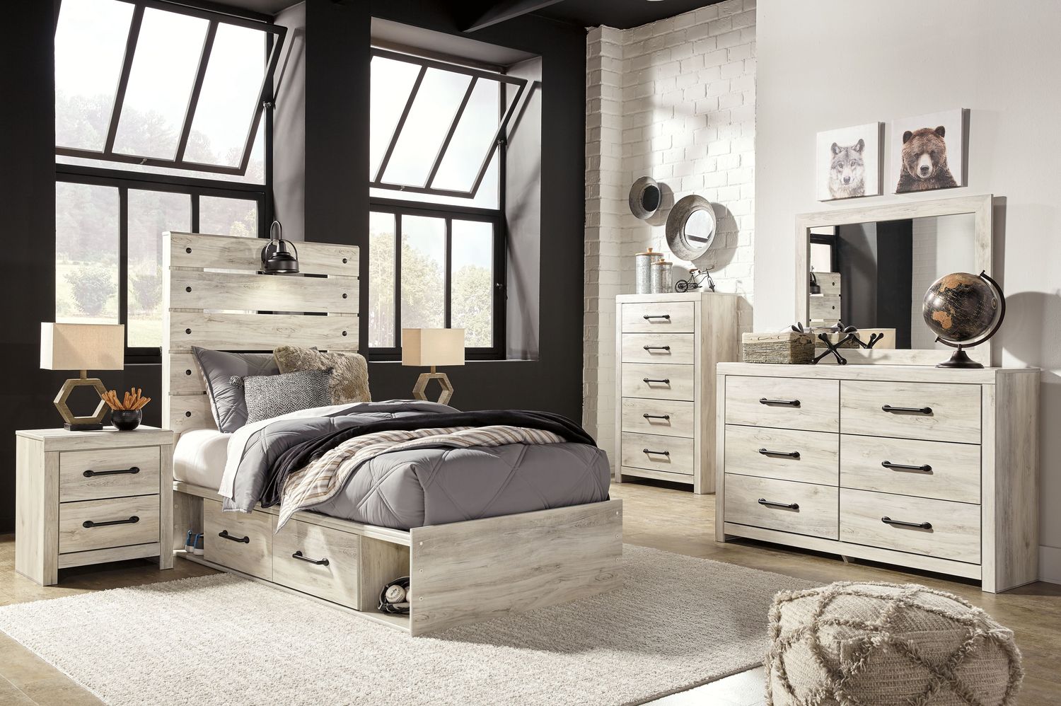 Cambeck - Whitewash - 9 Pc. - Dresser, Mirror, Twin Panel Bed With 4 Storage Drawers, 2 Nightstands