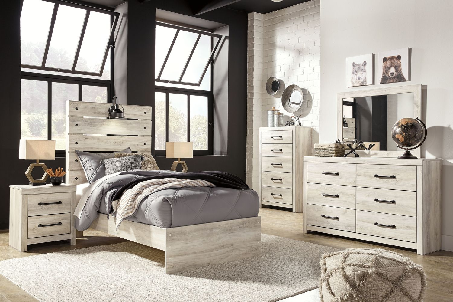 Cambeck - Whitewash - 5 Pc. - Dresser, Mirror, Twin Panel Bed