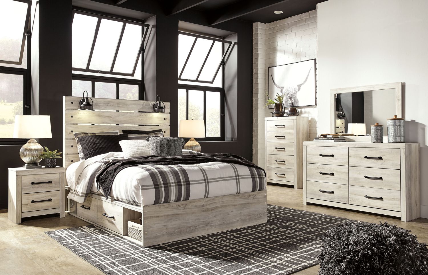 Cambeck - Whitewash - 8 Pc. - Dresser, Mirror, Queen Panel Bed With Side Storage Drawers, 2 Nightstands