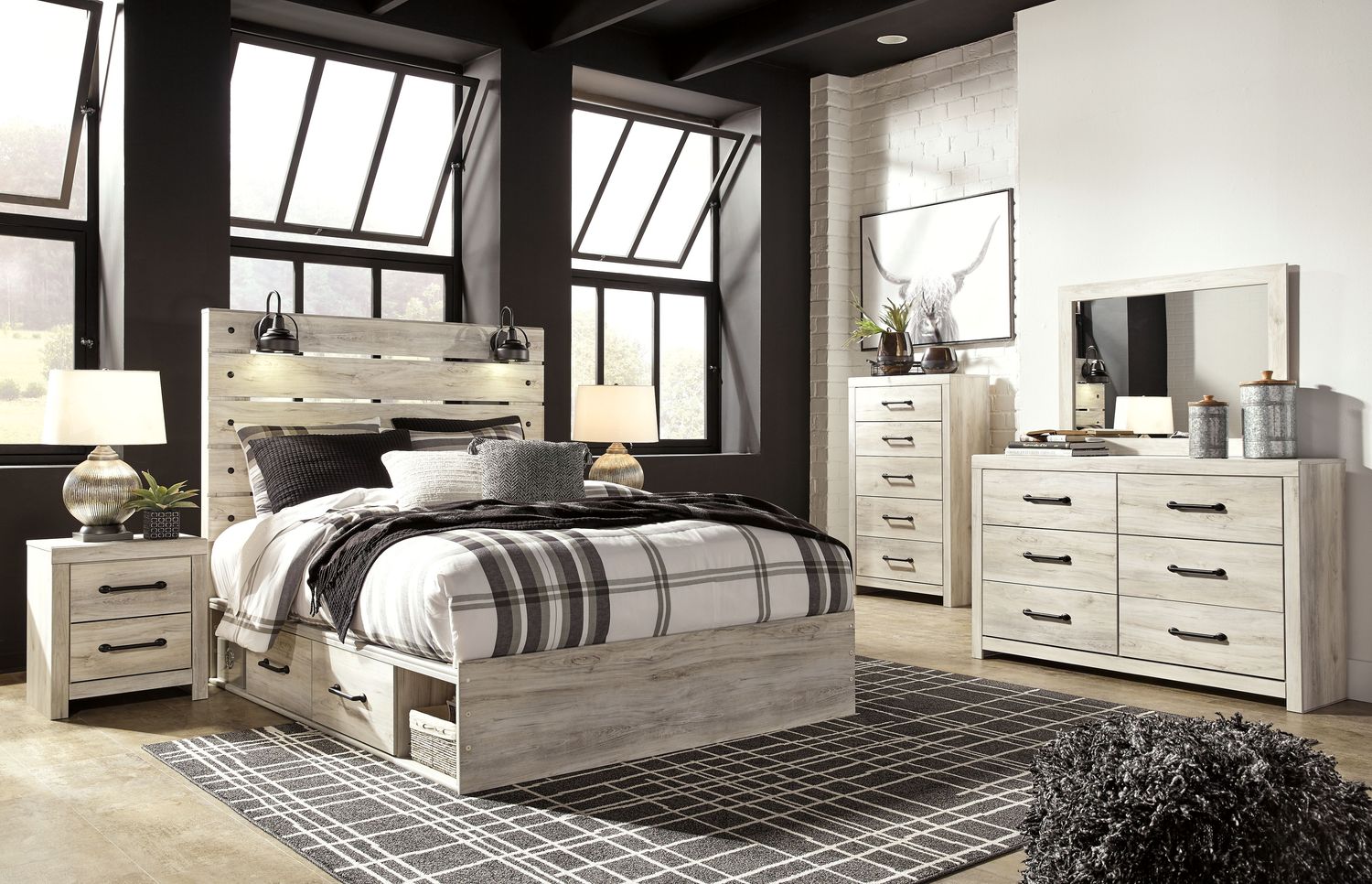 Cambeck - Whitewash - 9 Pc. - Dresser, Mirror, Queen Panel Bed With 4 Storage Drawers, 2 Nightstands