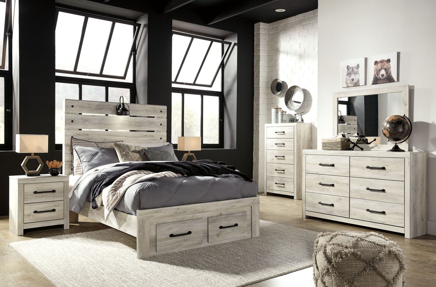 Cambeck - Whitewash - 5 Pc. - Dresser, Mirror, Full Panel Bed With 2 Storage Drawers