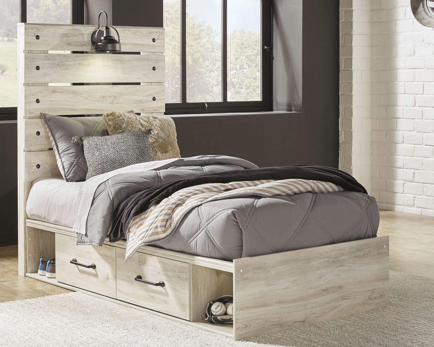Cambeck - Whitewash - Twin Panel Bed With Side Storage Drawers