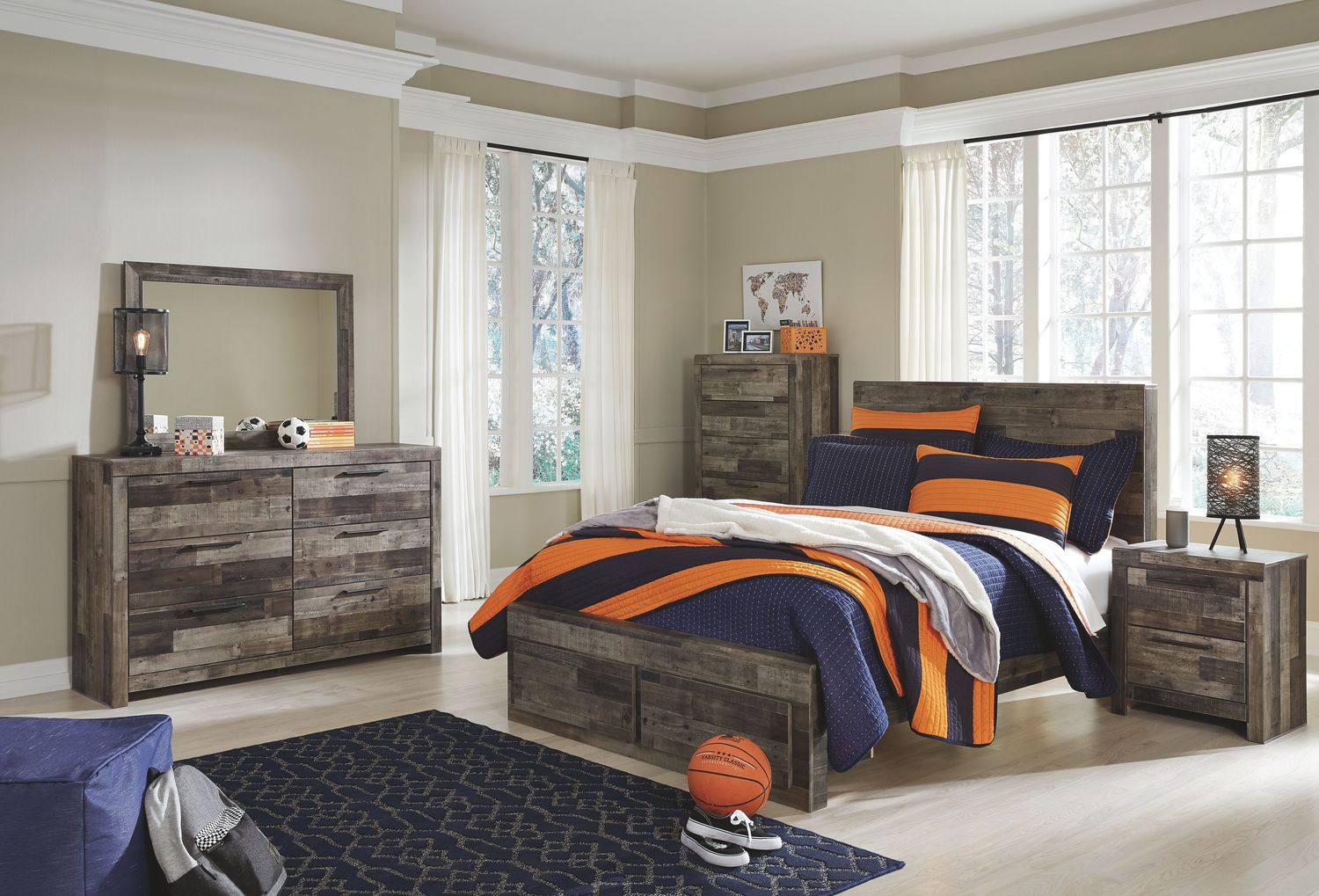 Derekson - Multi Gray - 6 Pc. - Dresser, Mirror, Full Panel Bed With 2 Storage Drawers