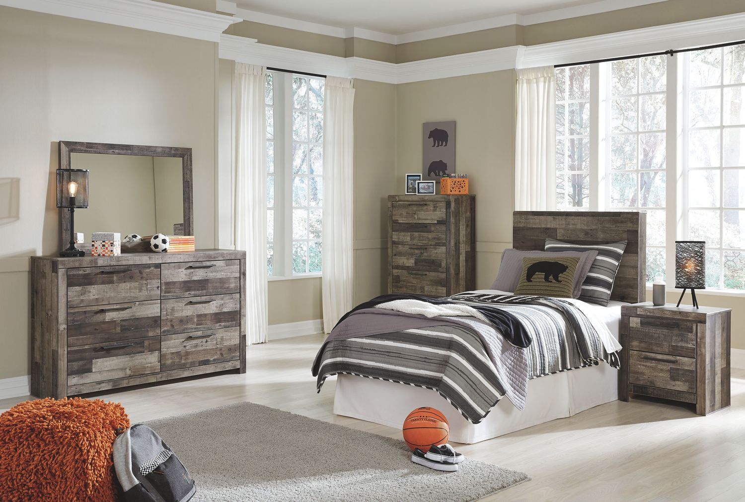 Derekson - Multi Gray - 6 Pc. - Twin Panel Headboard, Dresser, Mirror, Chest, Nightstand