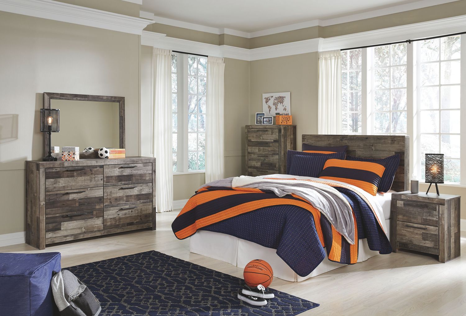 Derekson - Multi Gray - 6 Pc. - Full Panel Headboard With Bolt On Bed Frame, Dresser, Mirror, Chest, Nightstand