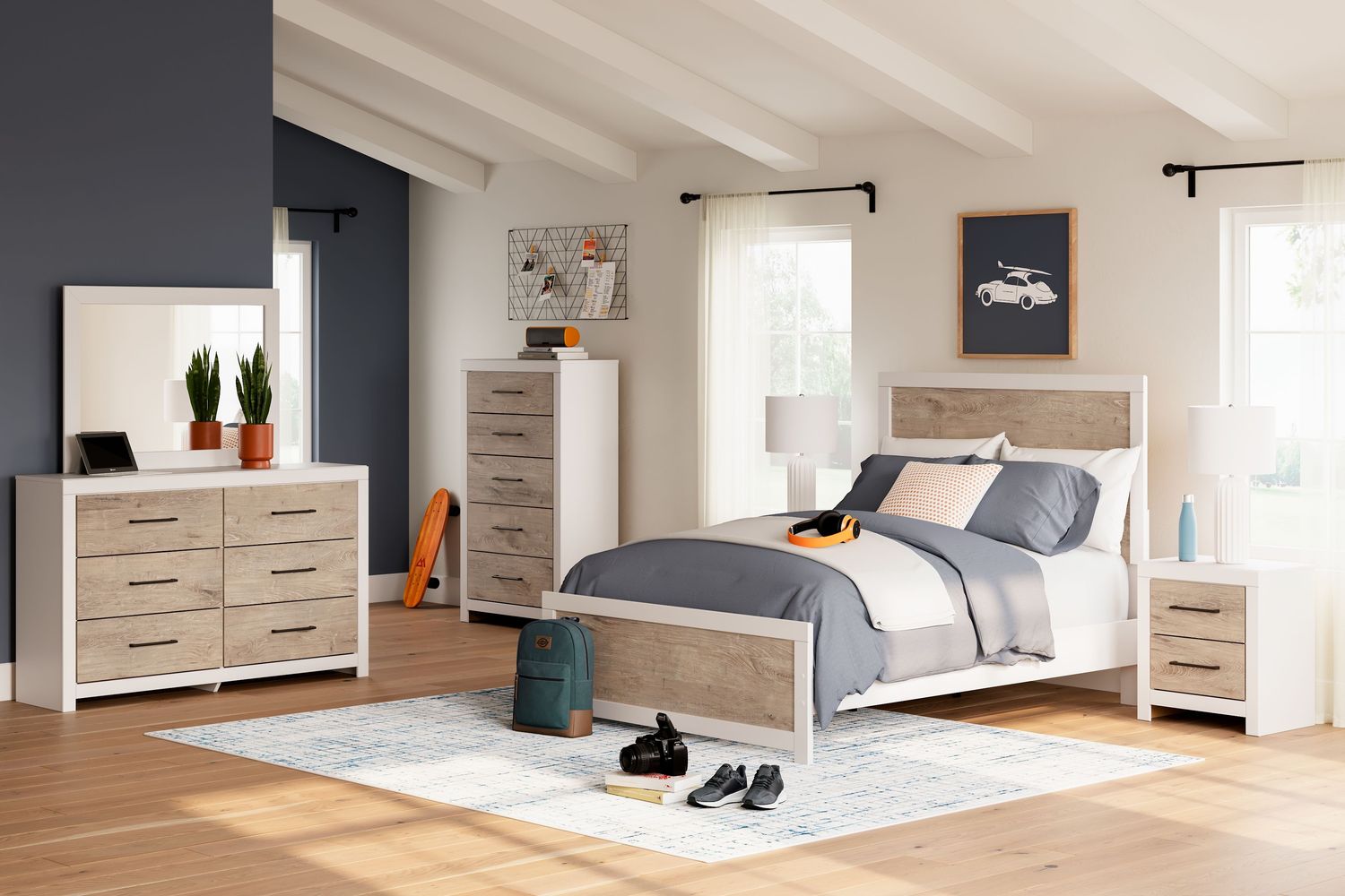 Charbitt - Two-tone - 7 Pc. - Dresser, Mirror, Chest, Full Panel Bed, 2 Nightstands