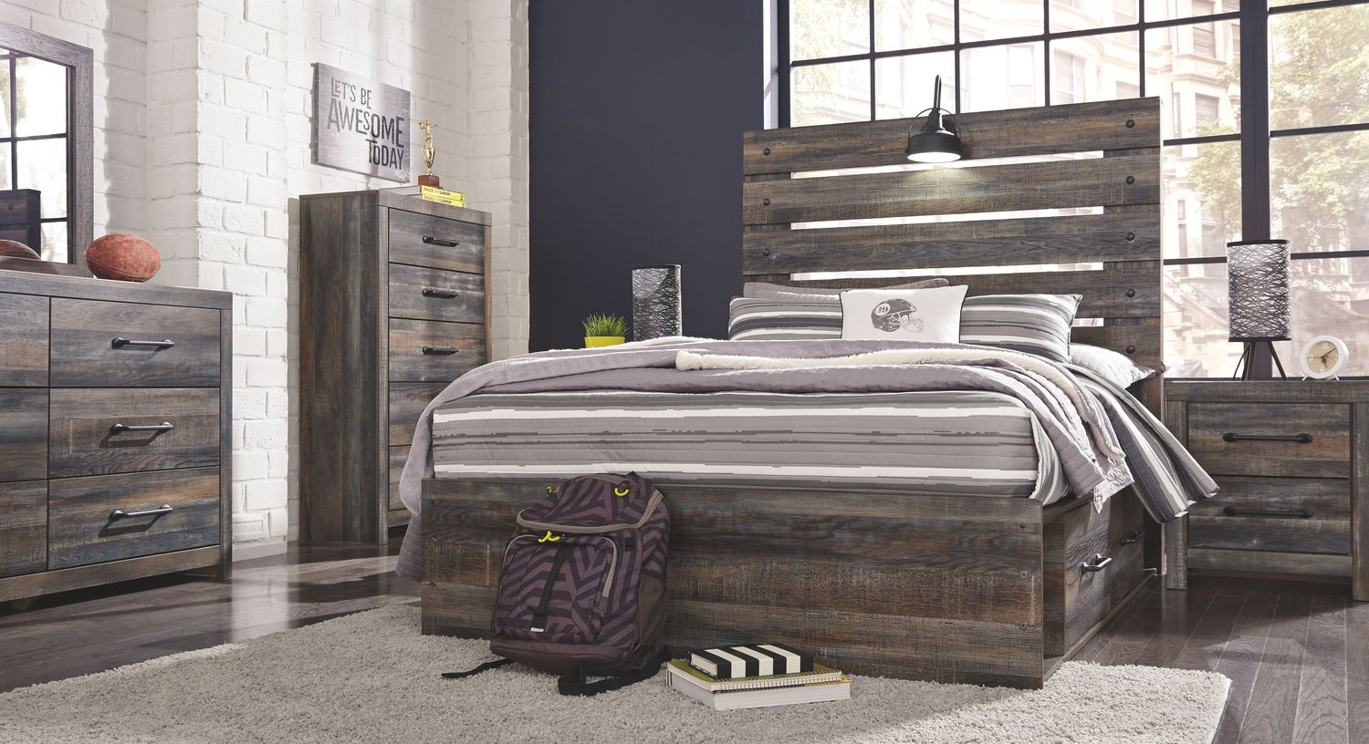 Drystan - Brown / Beige - 9 Pc. - Dresser, Mirror, Chest, Full Panel Bed With 2 Side Drawers, 2 Nightstands