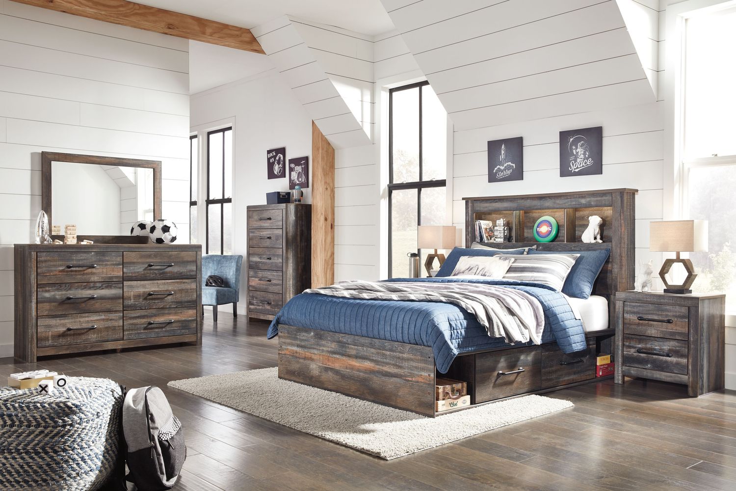 Drystan - Multi - Full Bookcase Bed With 4 Storage Drawers - 7 Pc. - Dresser, Mirror, Full Bed
