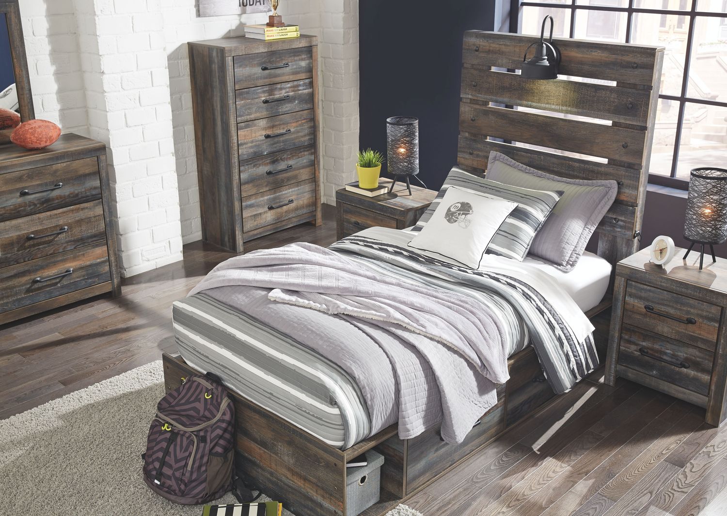 Drystan - Brown / Beige - 7 Pc. - Dresser, Mirror, Twin Panel Bed With 4 Side Drawers