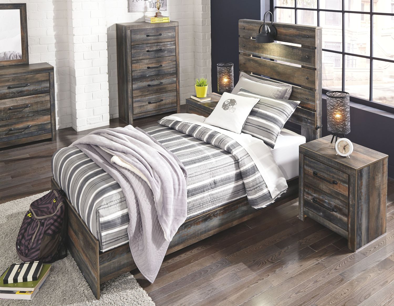 Drystan - Brown / Beige - 7 Pc. - Dresser, Mirror, Twin Panel Bed, 2 Nightstands