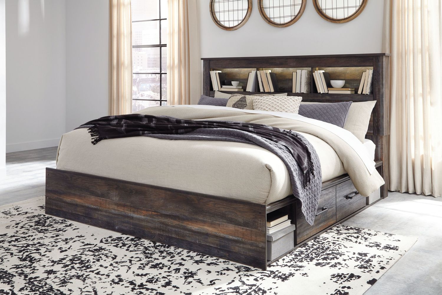 Drystan - Brown / Beige - King Bookcase Bed With 2 Side Drawers