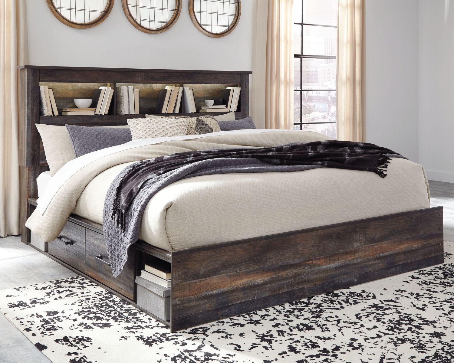 Drystan - Brown / Beige - King Bookcase Bed With 4 Storage Drawers