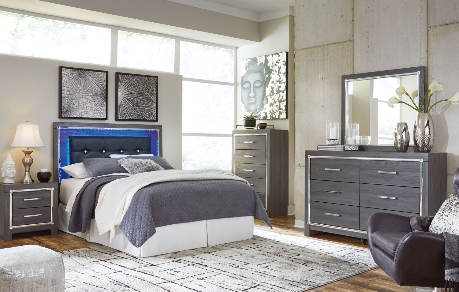 Lodanna - Gray - 5 Pc. - Dresser, Mirror, Chest, Queen Upholstered Panel Headboard With Bolt On Bed Frame