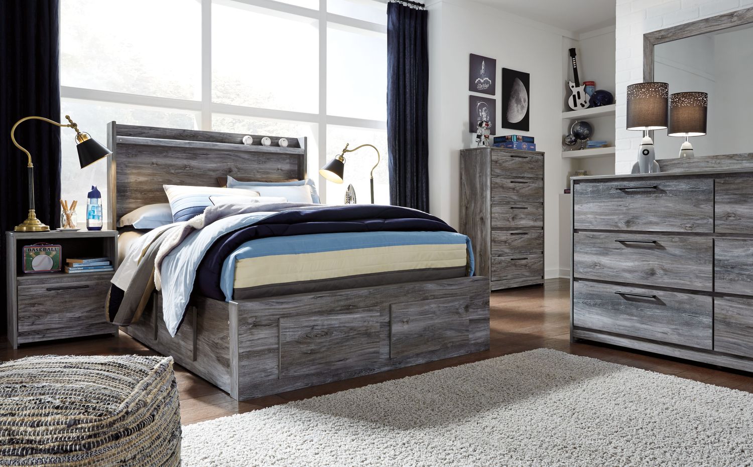 Baystorm - Gray - Full Panel Bed With 4 Storage Drawers - 8 Pc. - Dresser, Mirror, Chest, Full Bed