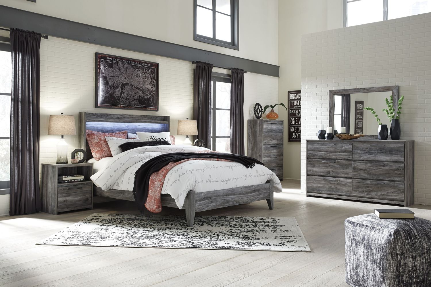 Baystorm - Gray - 7 Pc. - Dresser, Mirror, Chest, King Panel Bed, 2 Nightstands
