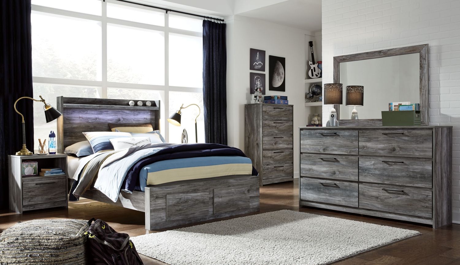 Baystorm - Gray - Full Panel Bed With 2 Storage Drawers - 7 Pc. - Dresser, Mirror, Chest, Full Bed