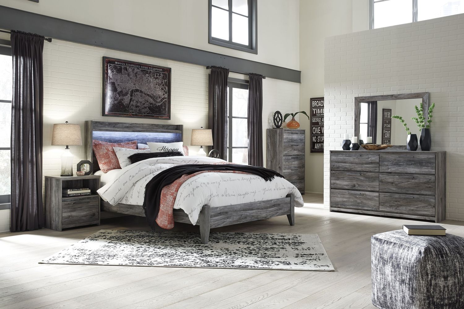 Baystorm - Gray - 6 Pc. - Dresser, Mirror, Queen Panel Bed, 2 Nightstands