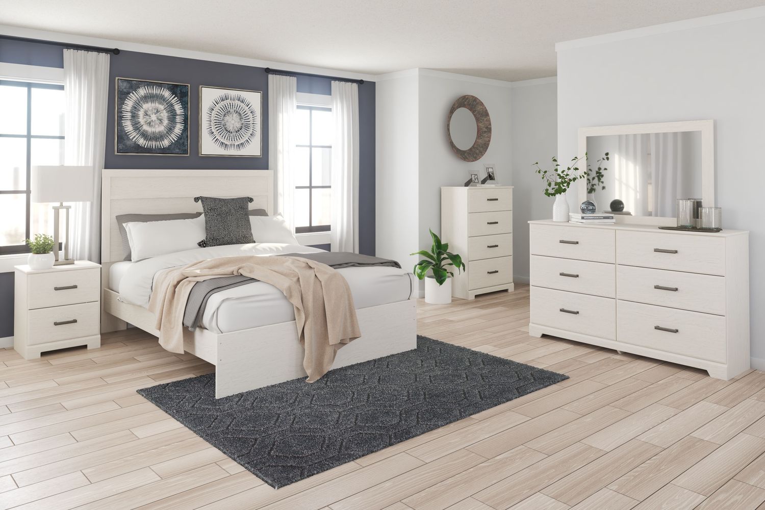 Stelsie - White - 7 Pc. - Dresser, Mirror, Chest, Queen Panel Bed, 2 Nightstands