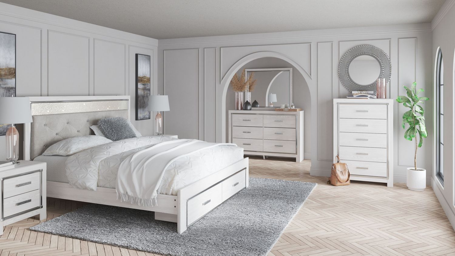Altyra - White - King Upholstered Storage Bed - 7 Pc. - Dresser, Mirror, Chest, King Bed