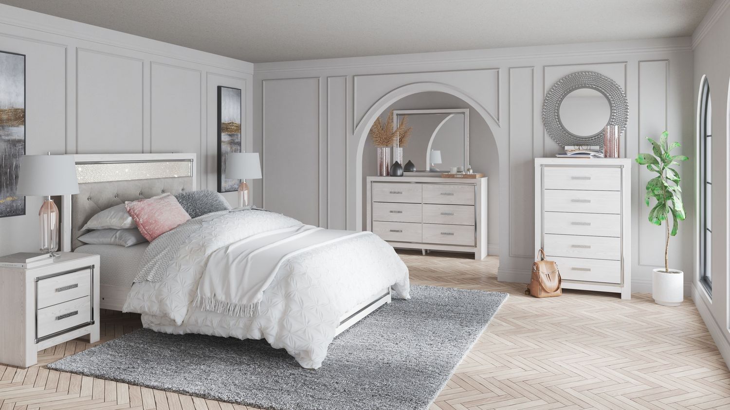 Altyra - White - 6 Pc. - Dresser, Mirror, Chest, Queen Panel Bed