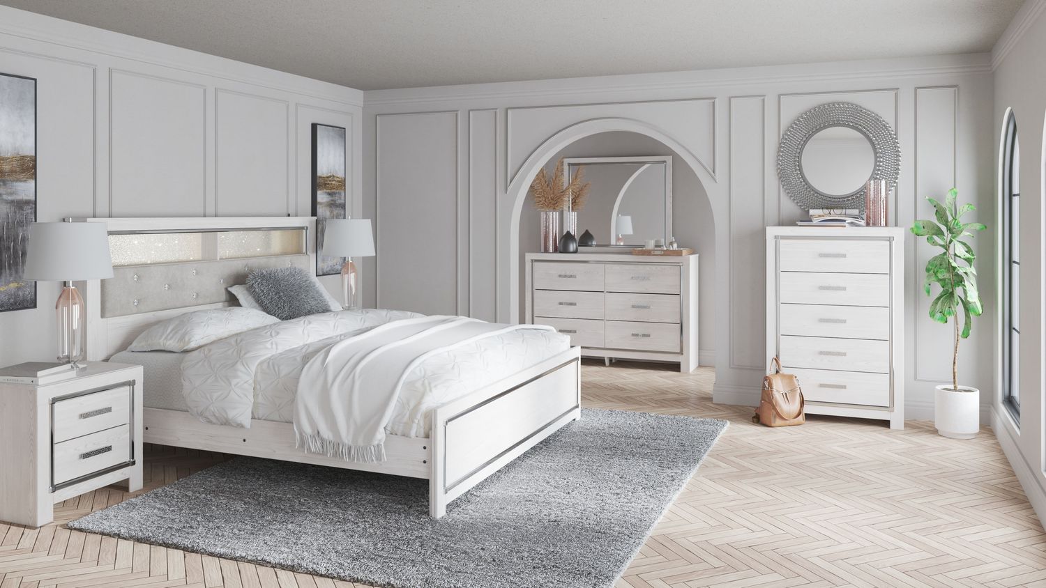 Altyra - White - 6 Pc. - Dresser, Mirror, Chest, Queen Panel Bookcase Bed