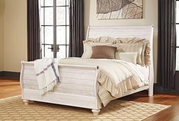 Willowton - Whitewash - Queen Sleigh Rails With Faux Plank Design