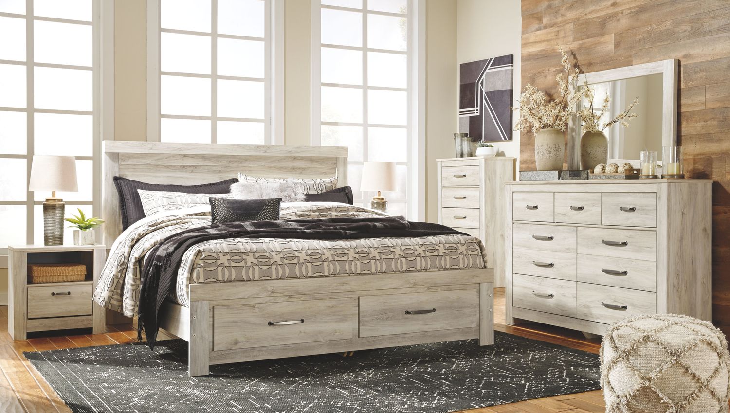 Bellaby - Whitewash - 6 Pc. - Dresser, Mirror, King Platform Bed With 2 Storage Drawers