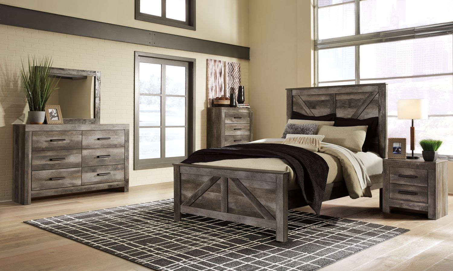 Wynnlow - Gray - 8 Pc. - Dresser, Mirror, Chest, Queen Crossbuck Panel Bed, 2 Nightstands