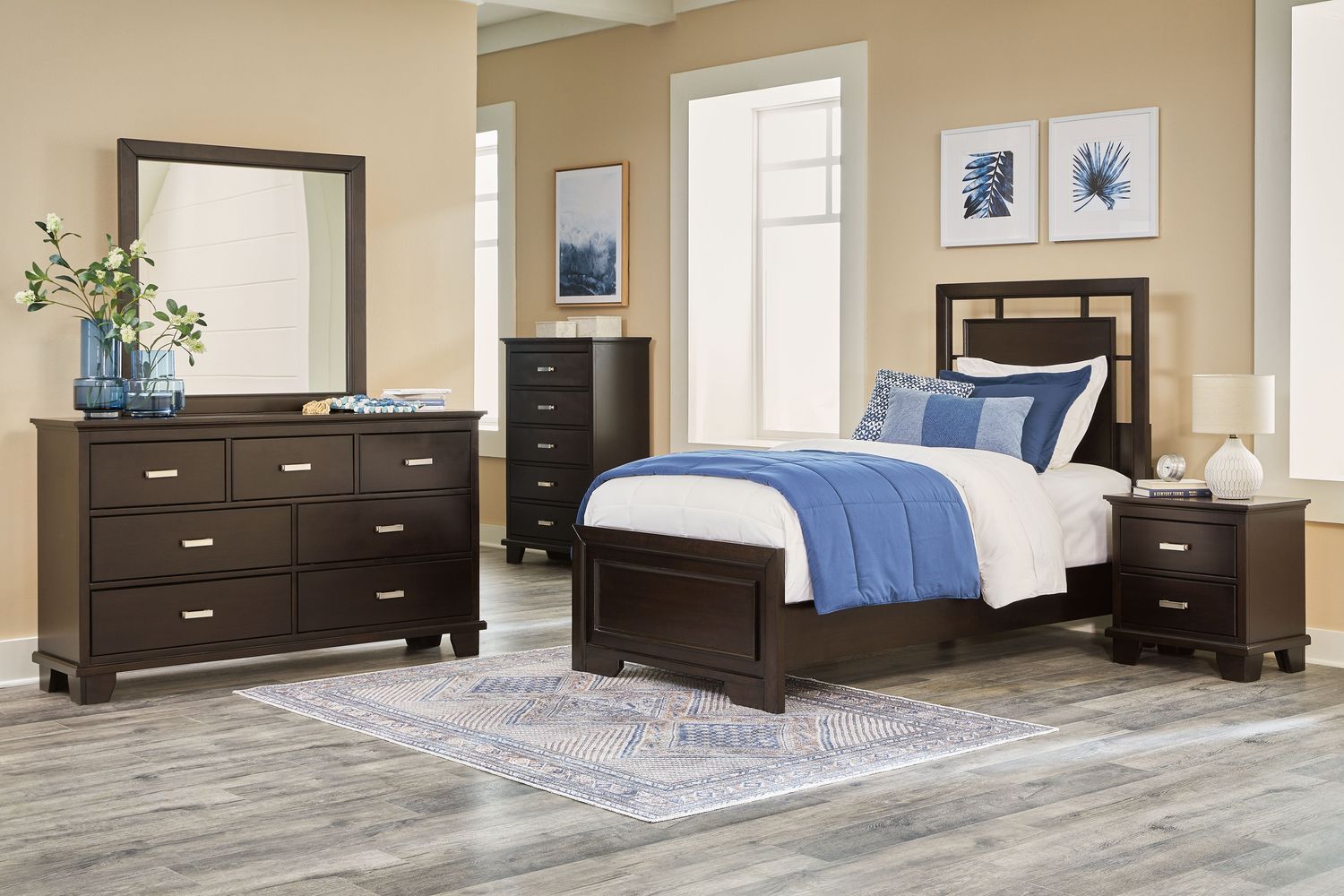 Covetown - Dark Brown - 5 Pc. - Dresser, Mirror, Chest, Twin Panel Bed