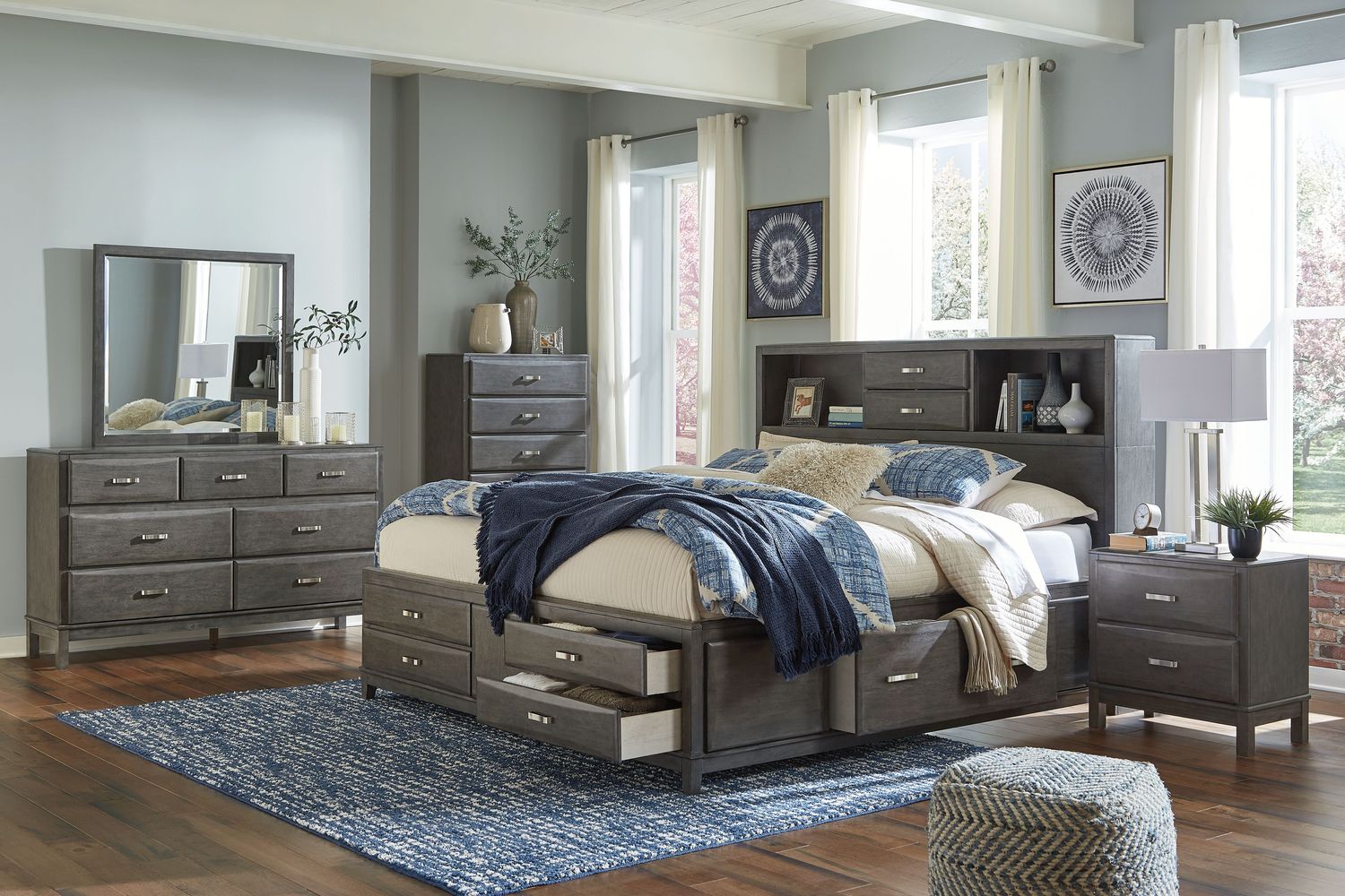 Caitbrook - Gray - 5 Pc. - Dresser, Mirror, Queen Storage Bed With 8 Drawers